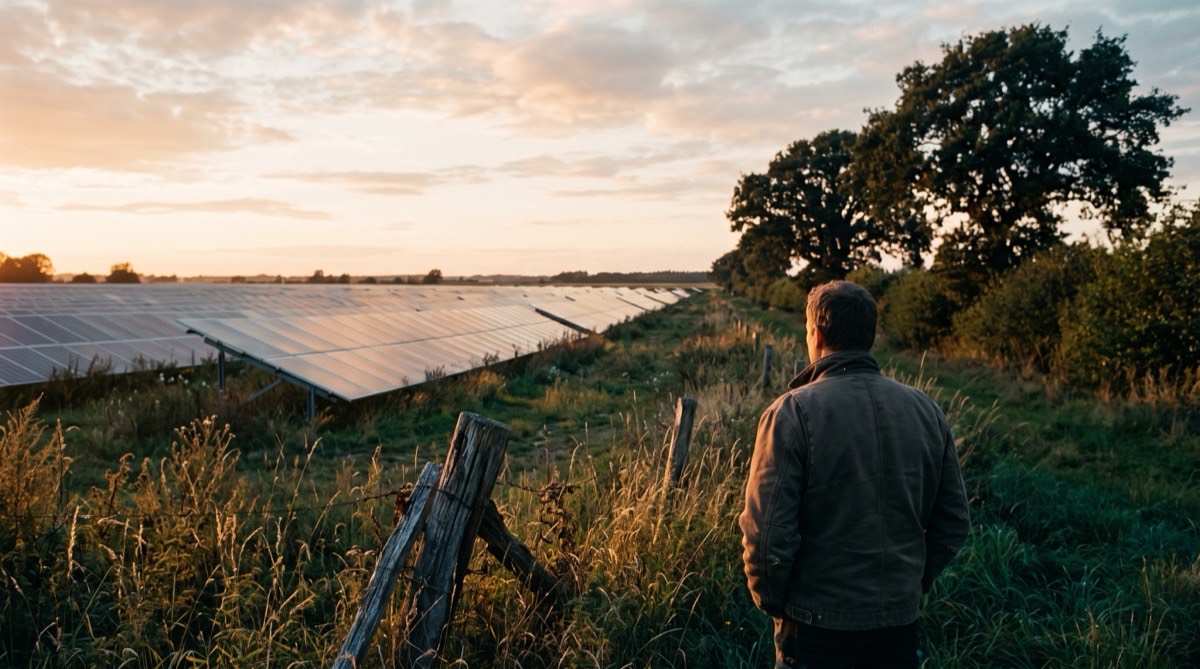 Flächeneigentümer blickt vom Feldrand auf die Modulreihen eines Solarparks
